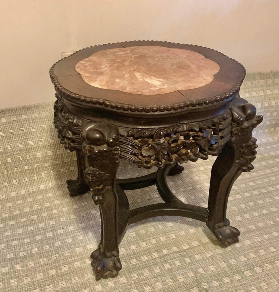 1920s Antique Chinese Carved Rosewood and Marble Table - 2