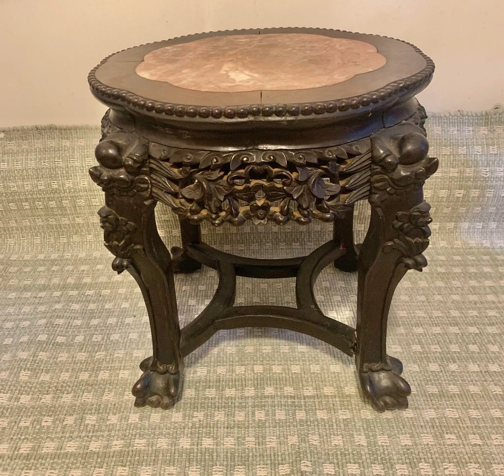1920s Antique Chinese Carved Rosewood and Marble Table - 3