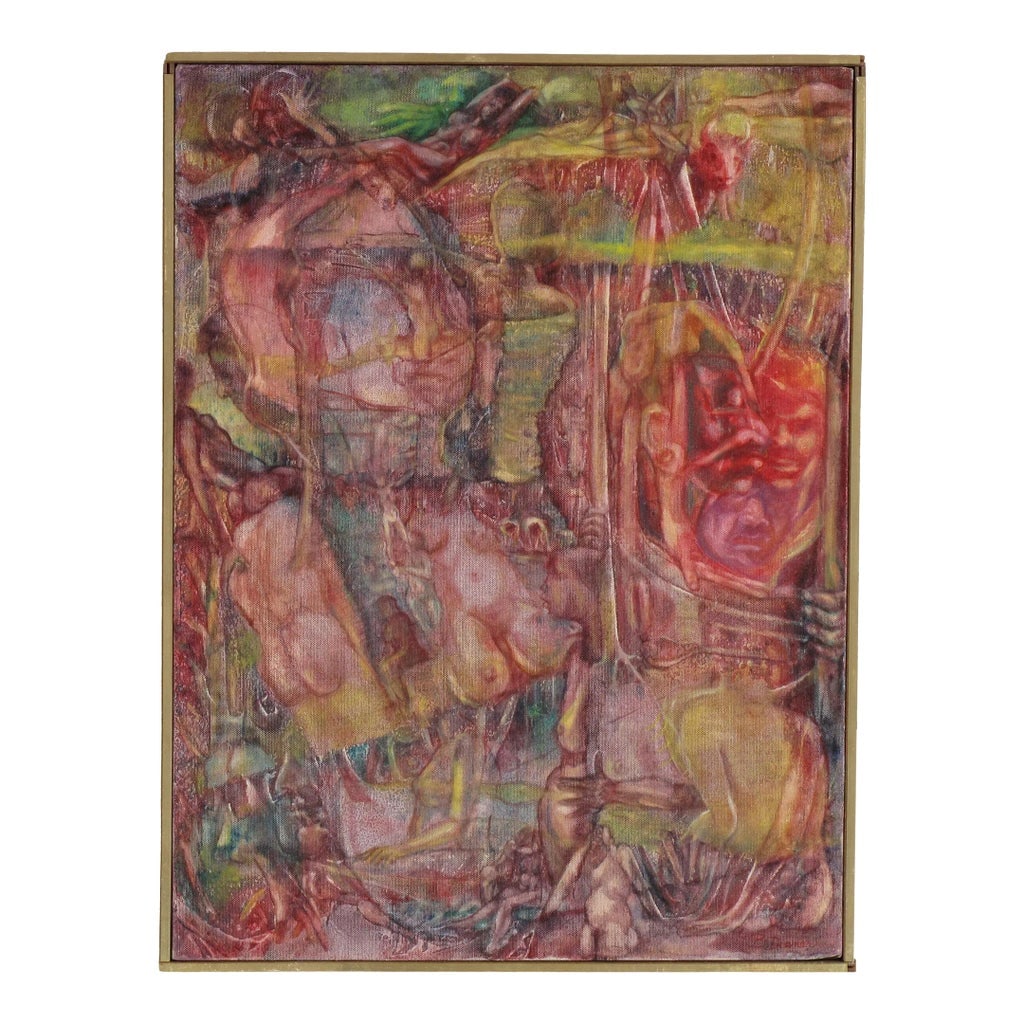 Early 20th Century Purple Love Colorful Acrylic on Canvas Abstract Painting: This framed colorful piece has many different aspects and stages of life in it. If you look closely and pat attention to this artists' myriad of details, you can see people painted throughout the