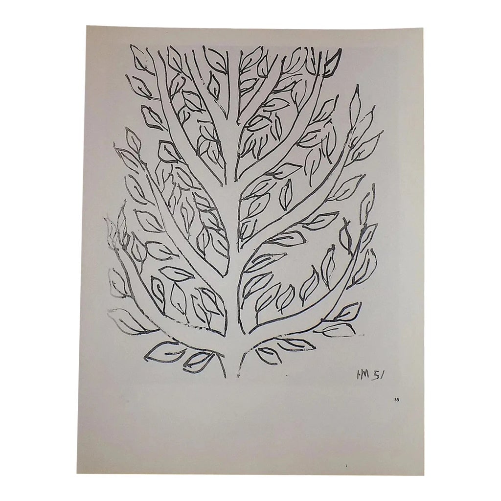 Vintage Signed Henri Matisse Mid 20th Century Modern Signed Abstract Tree Lithograph: This vintage mid 20th century modernist lithograph (offset) depicts one of Henri Matisse's (France 1869-1954) abstract botanical images, specifically an abstracted tree.. Signed in the plate and