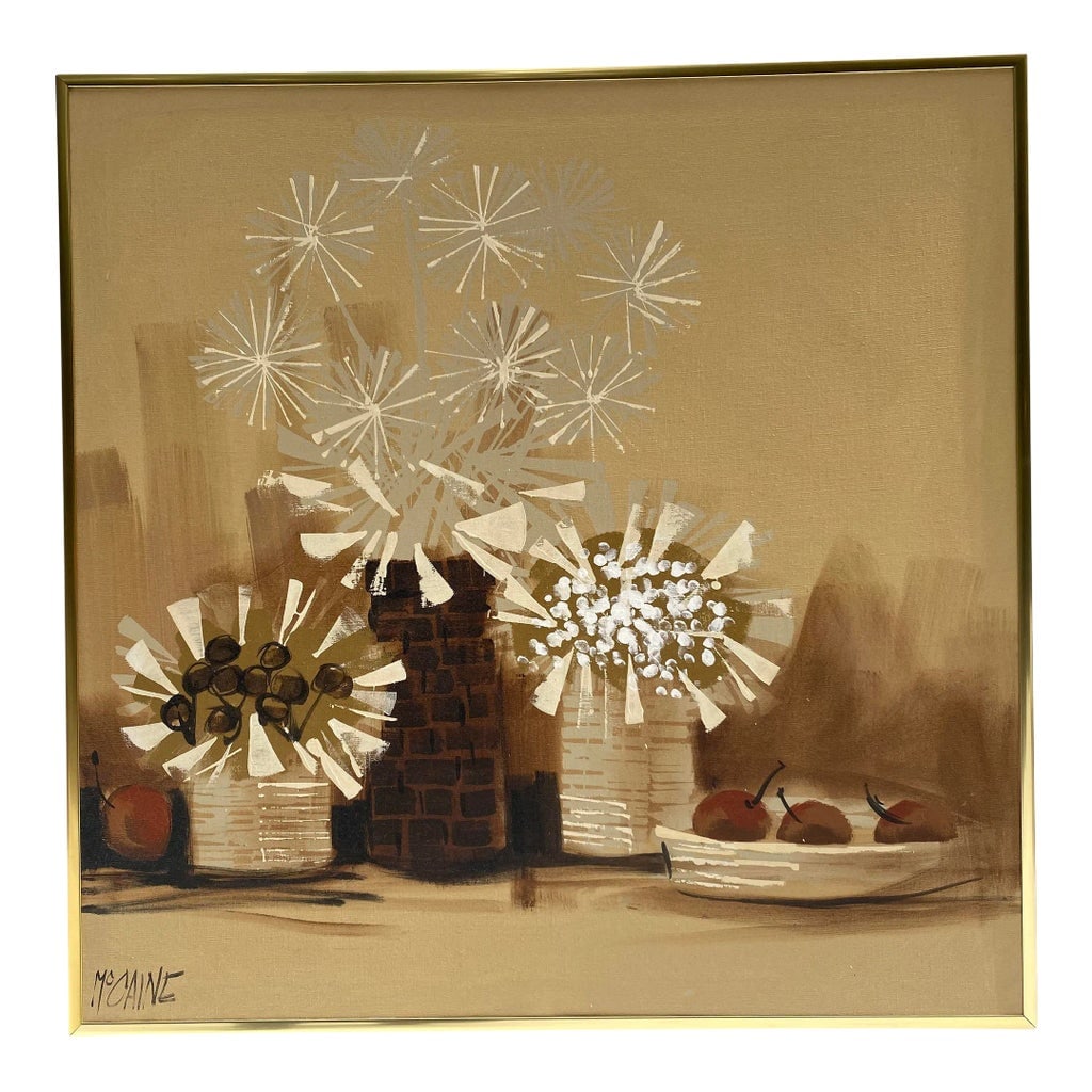 Robert McCaine Large Acrylic Starburst Painting: A crisp and vibrant McCaine finished with warm earth tones and subtle pops of color. The signature 70's period vibe is executed with a finessed impact, providing a versatile work fit for a variety of