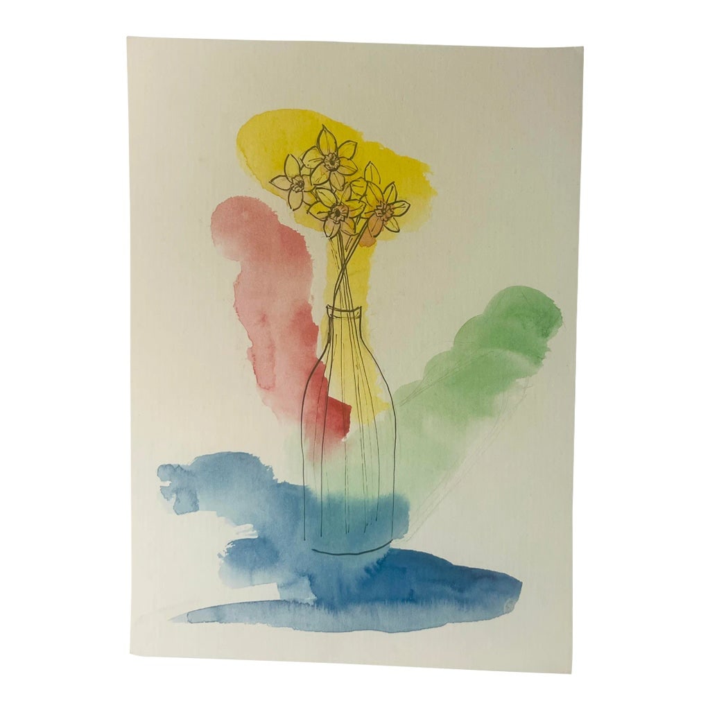 Vintage Parisian Watercolor Vase of Flowers Sketch - Student Drawn: Sourced at a Parisian flea market, the seasoned antique dealer shared these sketches were from a student's notebook of sketches, watercolors & drawings. A sketchbook & day in the French countryside
