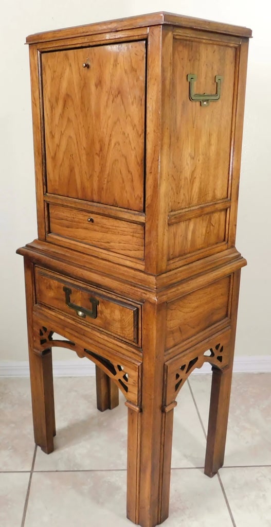 Vintage Mid Century Campaign Oak Wood Prayer Altar Storage Cabinet - 2