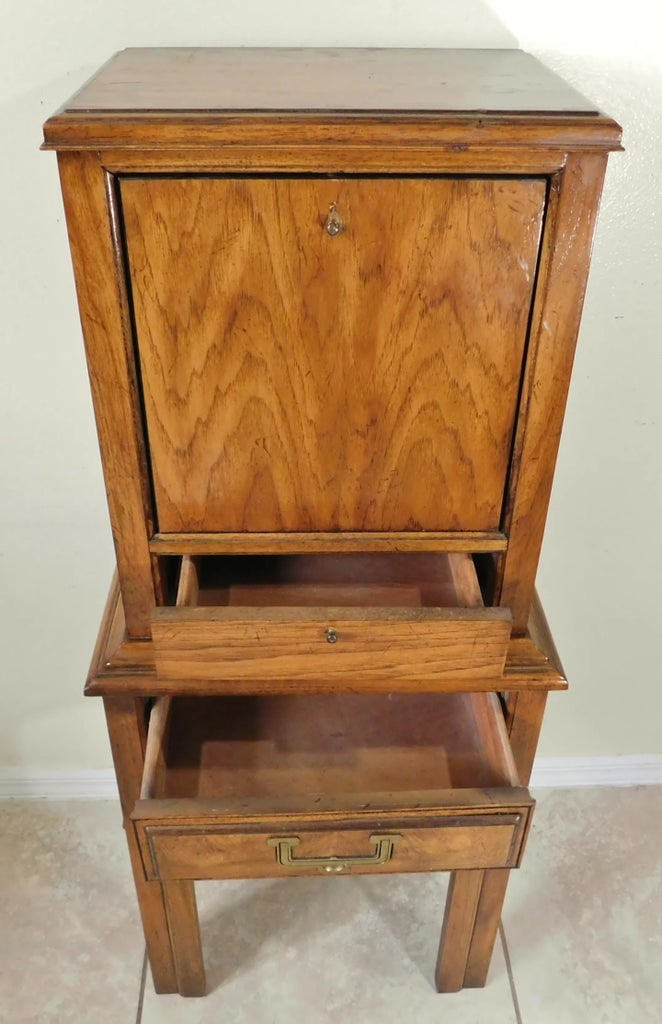 Vintage Mid Century Campaign Oak Wood Prayer Altar Storage Cabinet - 7