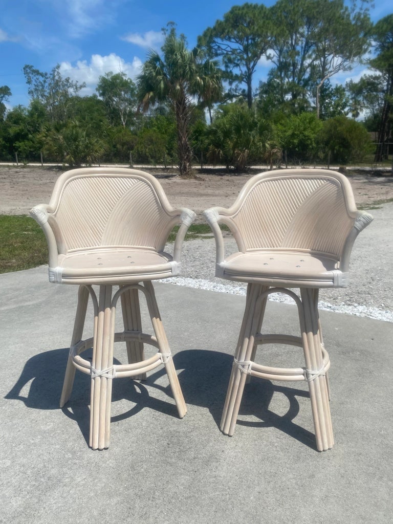 Boho Chic Beige Coastal Pencil Reed Rattan Swivel Bar Stools- Set of 2 - 13