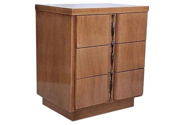 Modernist Wood & Brass Pulls Nightstand: Modernist nightstand with three box-front drawers and brass pulls. Great accent piece to use as nightstand or side table. Condition: Alterations: Original Condition Unaltered Imperfections: Some Imper