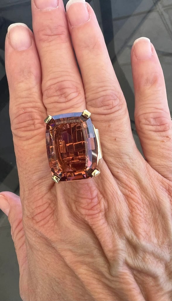 Large Rare Color Peach Pink Tourmaline Gold Cocktail Ring size 7.25 - 10