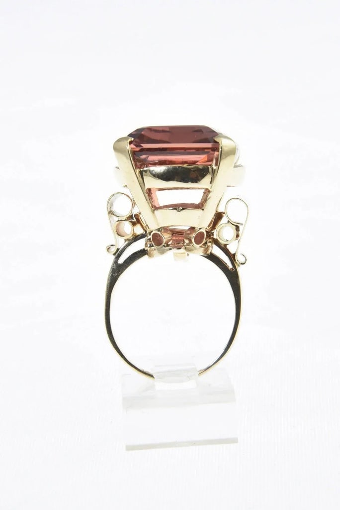 Large Rare Color Peach Pink Tourmaline Gold Cocktail Ring size 7.25 - 2