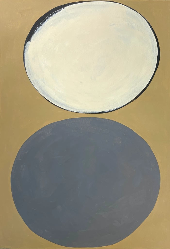 Minimalist Abstract in Neutral Colors: Here is an original painting featuring simple spherical shapes of cream and dark gray on warm khaki beige background (slightly yellow in tone). A black swoop adds dimension to the cream shape. This