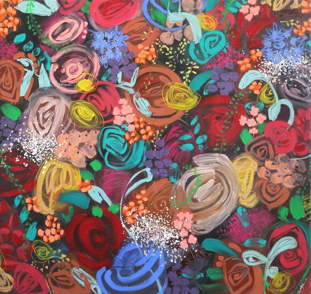 Sally K "Bloom I" Original Painting: As your gaze lingers on one of Sally K's paintings, you notice how her brush strokes add playfulness and life to the canvas, incorporating unexpected images and shapes of flowers, or abstract color