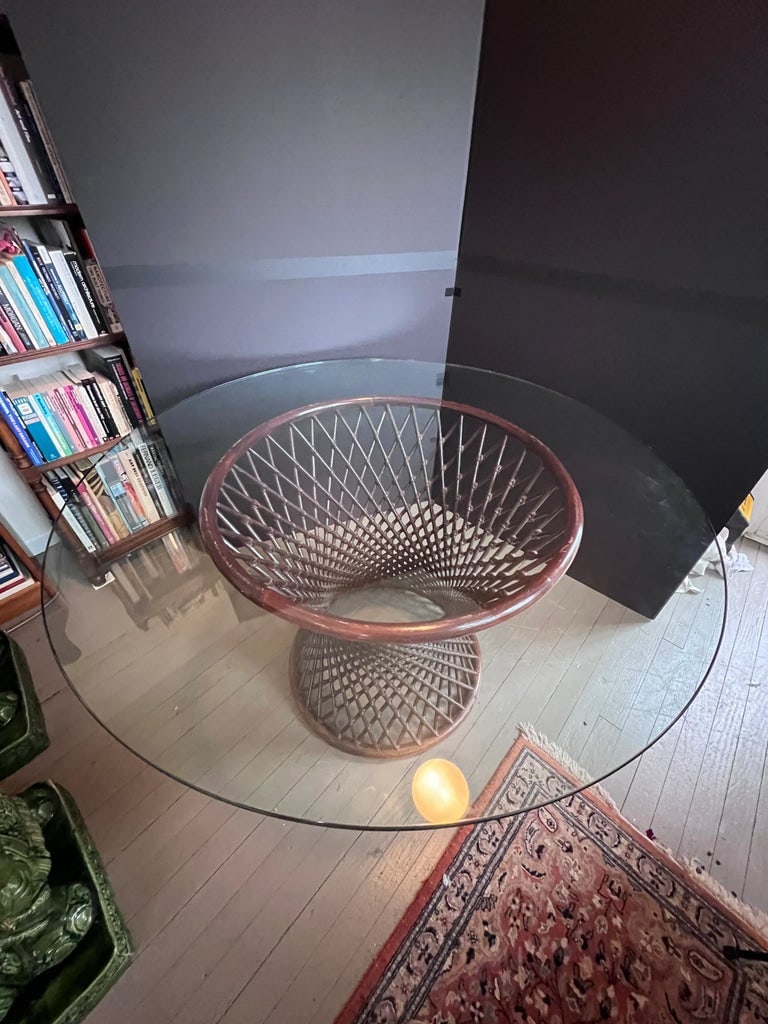 Vintage Glass Top Woven Rattan Sculptural Dining Table - 2