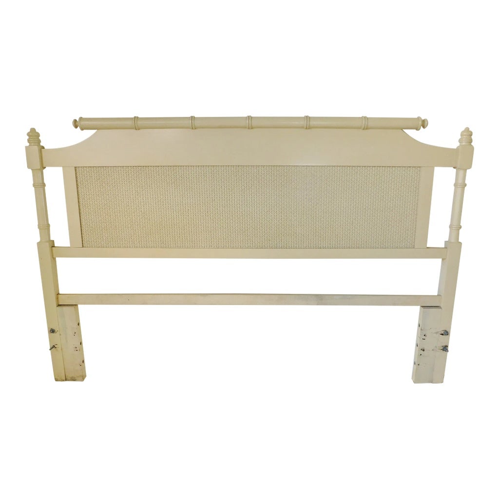 Vintage C1970s Faux Bamboo Wood Full/Double Headboard: Beautiful vintage circa 1970s light yellow faux bamboo and cane full/double sized headboard. Solid wood with faux bamboo design. Original finish. Made in the USA - Circa 1970s. Wonderful Condition as 
