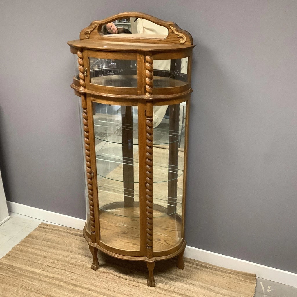 Oak China Cabinet W Additional Top Storage Glass Front Rope Turned Trim Mirrored - 2