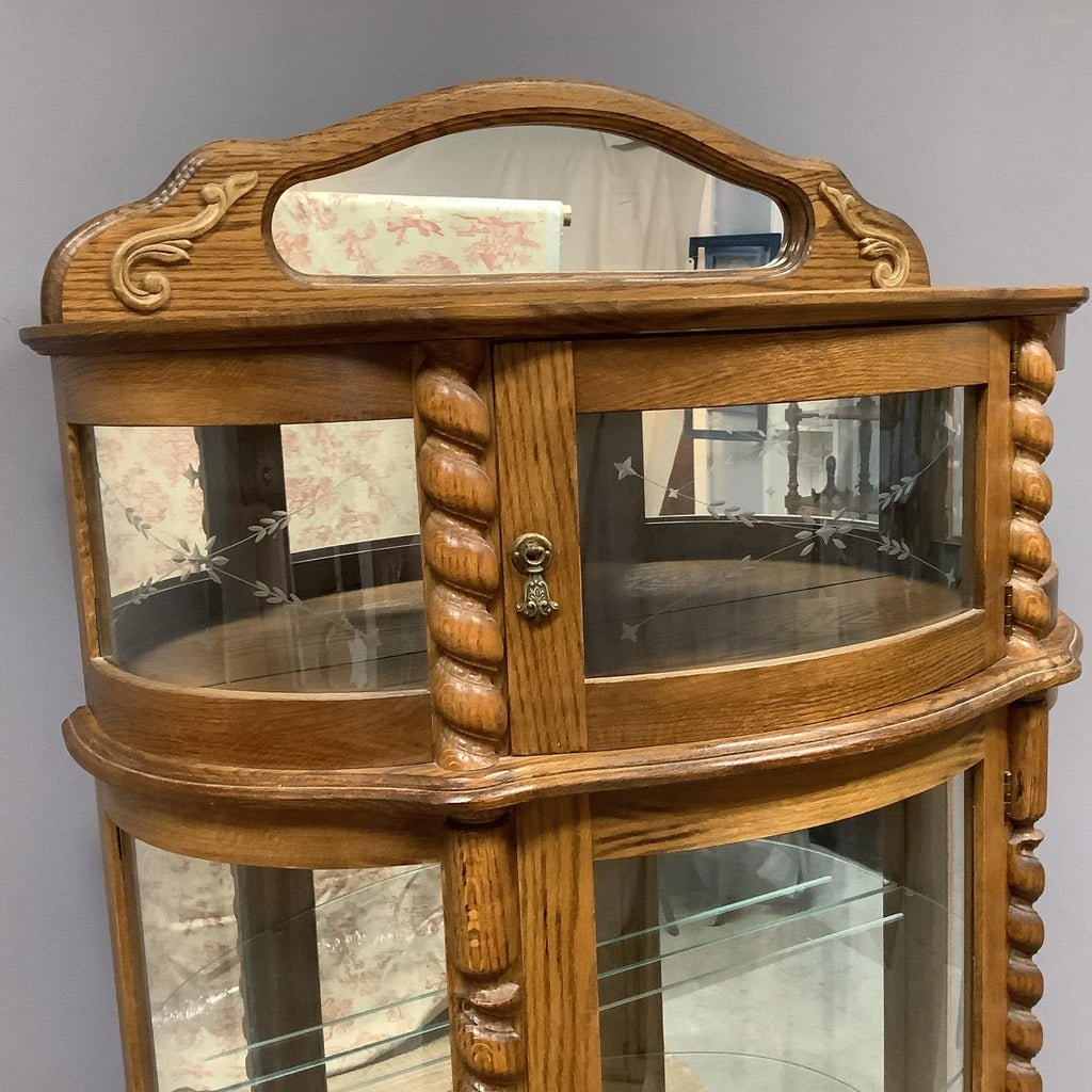 Oak China Cabinet W Additional Top Storage Glass Front Rope Turned Trim Mirrored - 7
