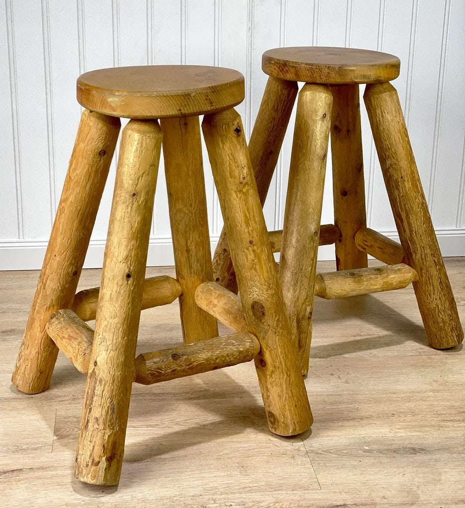 Vintage Farmhouse Log Cabin Timber Live Edge Lodge Bar Stools - a Pair - 2
