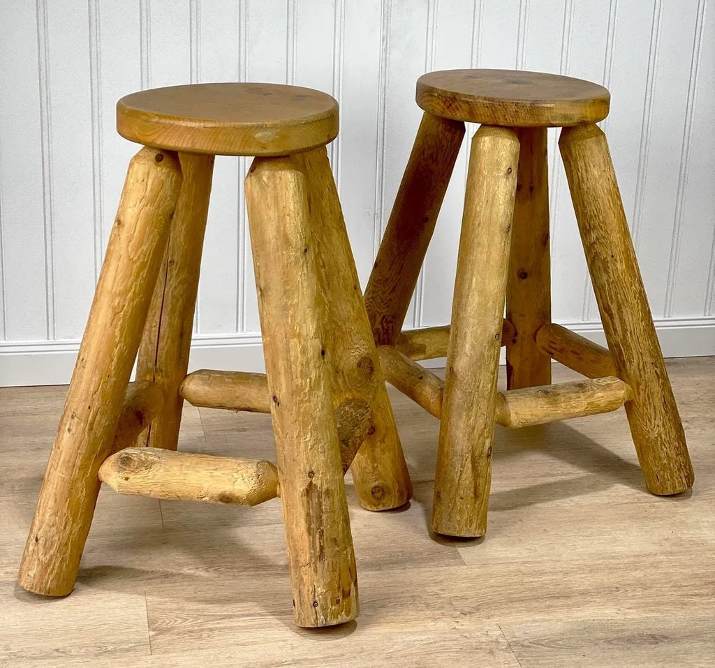 Vintage Farmhouse Log Cabin Timber Live Edge Lodge Bar Stools - a Pair - 4