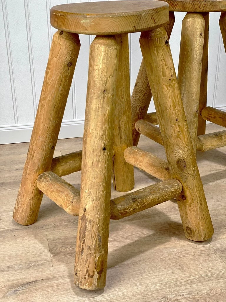Vintage Farmhouse Log Cabin Timber Live Edge Lodge Bar Stools - a Pair - 7
