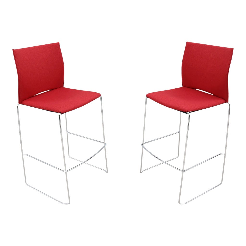 Modern Giancarlo Bisaglia for Source Tier Red Bar Stools Brand New - a Pair: These slim and graceful Tier Bar height stools are comfortable and well-crafted. Features a fully upholstered seat and back. It's stylish and functional and will integrate simply and cleanly with any