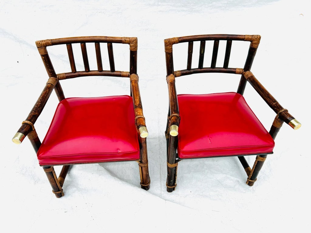 1980s Asian Style Red Vinyl Bamboo Chairs Set of 2 - 2