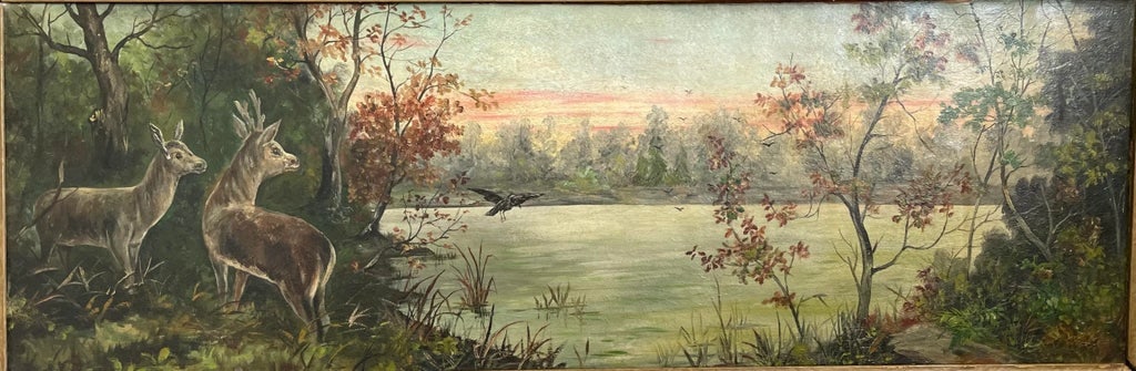 Early 19th Century Lake & Woods Landscape Oil Painting With Deer and Birds - 2