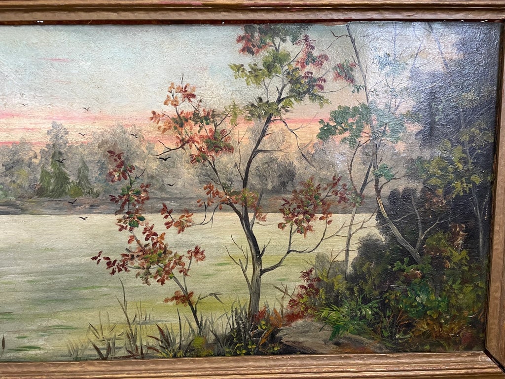 Early 19th Century Lake & Woods Landscape Oil Painting With Deer and Birds - 5