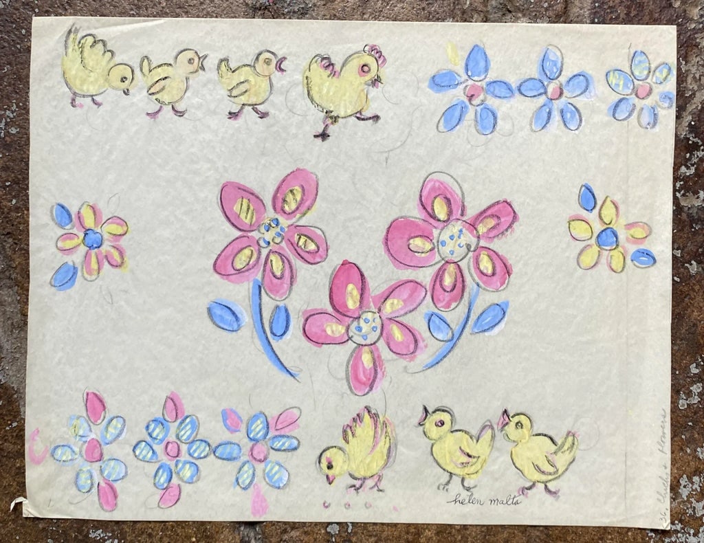 1930s Helen Malta Chicks and Flowers Painting - 2