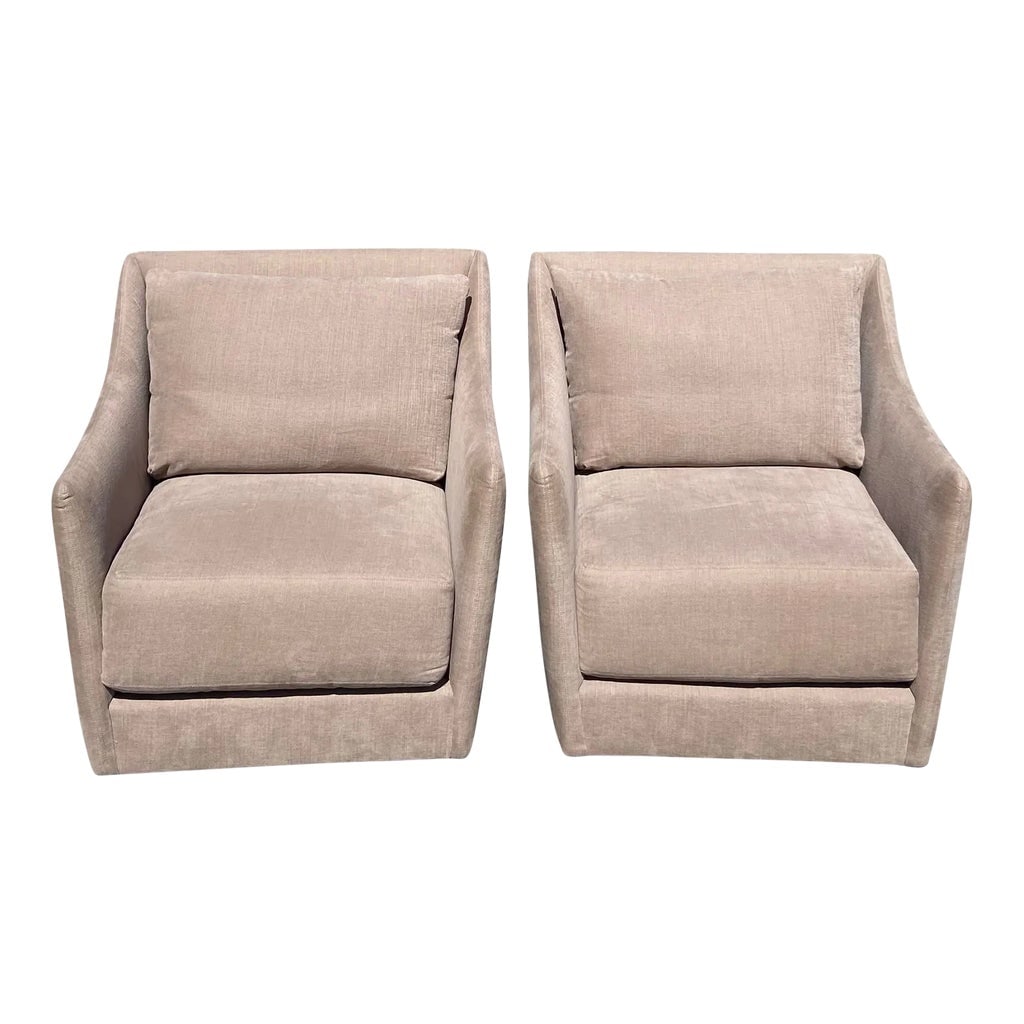 Verellen Mabel Swivel Club Chairs- Set of 2: A beautiful pair of light brown Mabel swivel chairs by Verellen. Deep and comfortable, these chairs have a clean and classic silhouette. The Mabel Sofa Family features spring down seat construction,