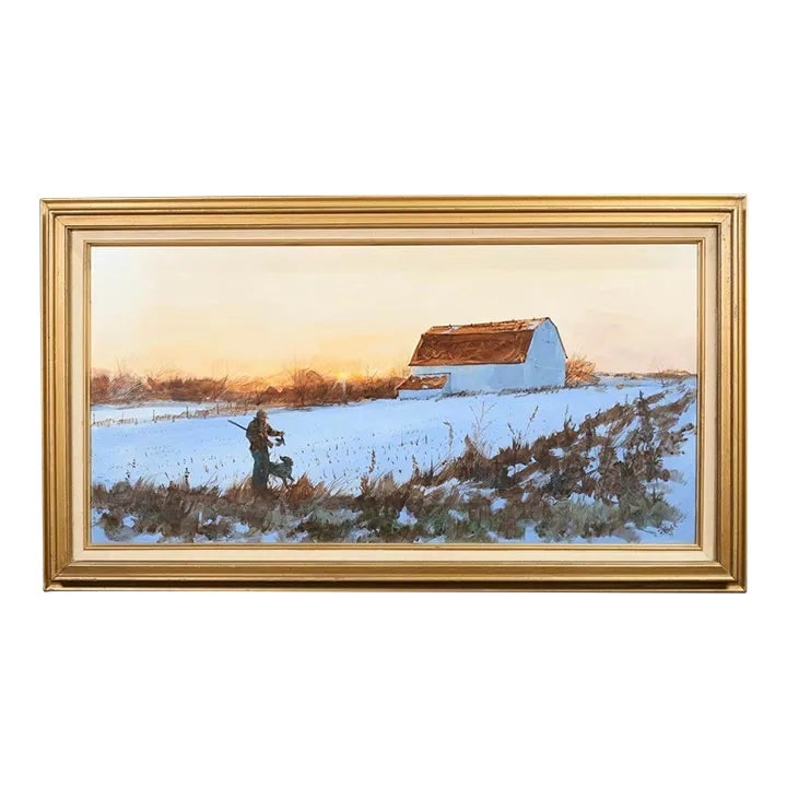1970s Sunset Hunt Landscape Painting by Ron Raymer: Ron Raymer (American, 1943-2018). Acrylic on Masonite, sunset hunt scene. Signed and dated by American Listed Artist, Raymer '75 lower right. With artist's card on verso. 14 1/2" x 29 1/2" (with frame