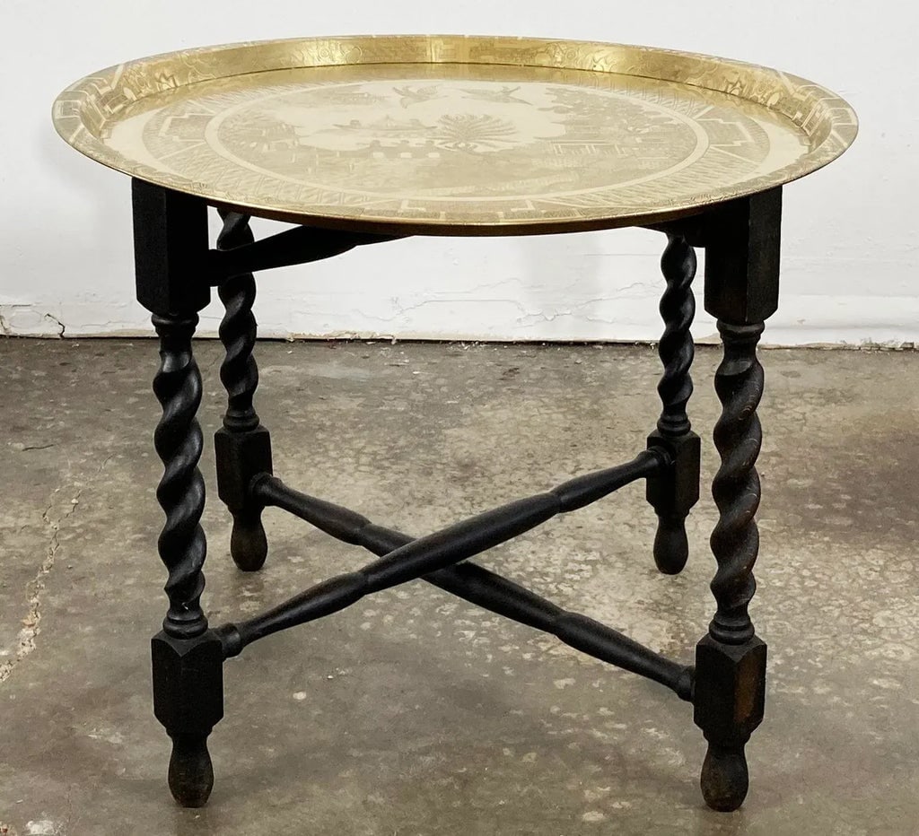 Vintage Engraved Blue Willow Pattern Brass Tray Table - 2
