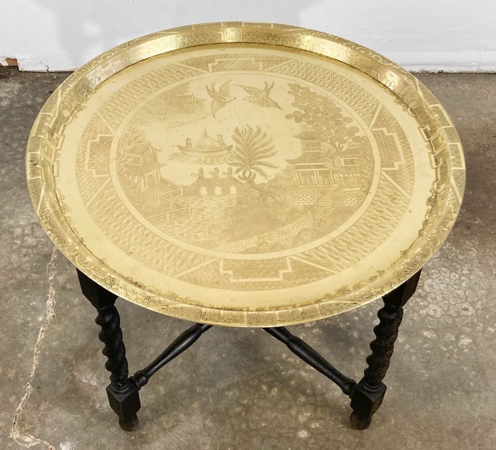 Vintage Engraved Blue Willow Pattern Brass Tray Table - 3