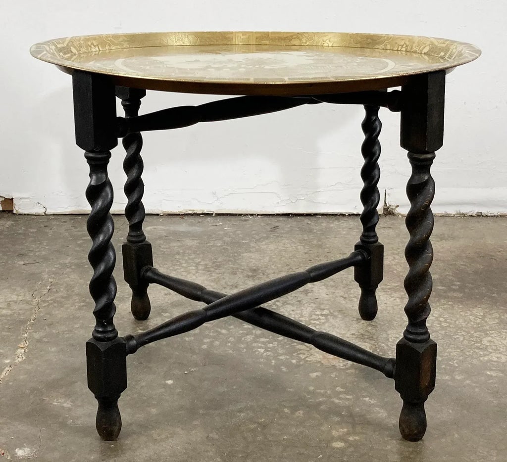 Vintage Engraved Blue Willow Pattern Brass Tray Table - 4