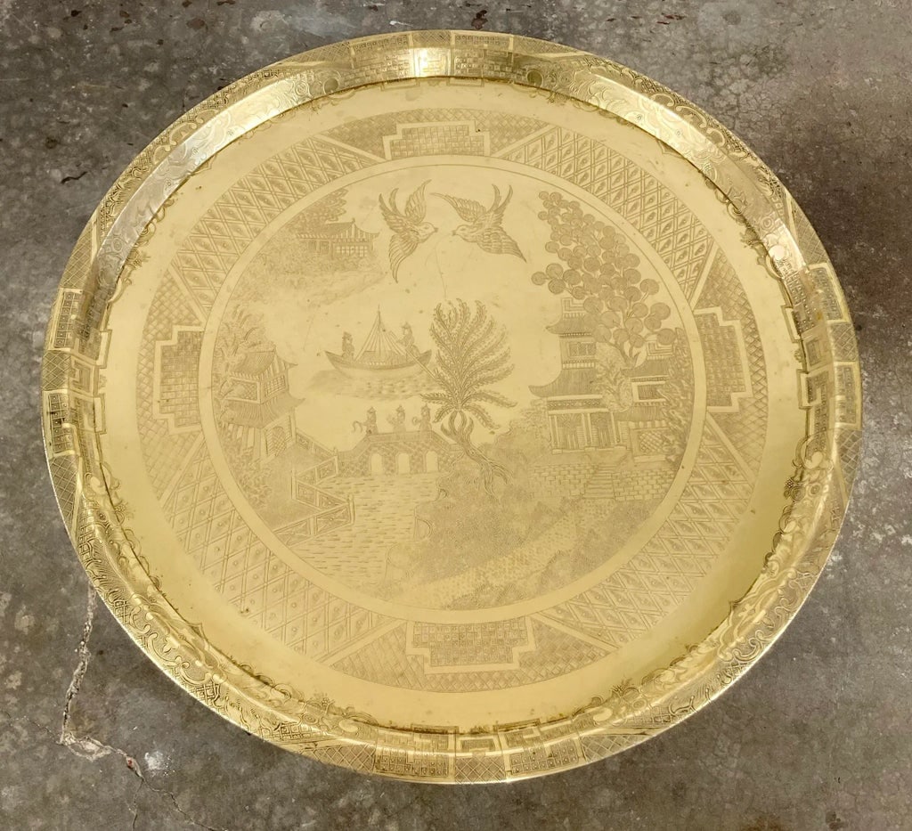Vintage Engraved Blue Willow Pattern Brass Tray Table - 5