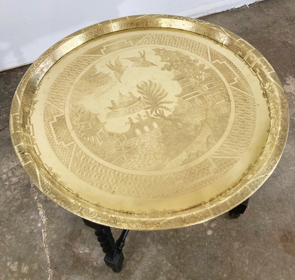 Vintage Engraved Blue Willow Pattern Brass Tray Table - 6