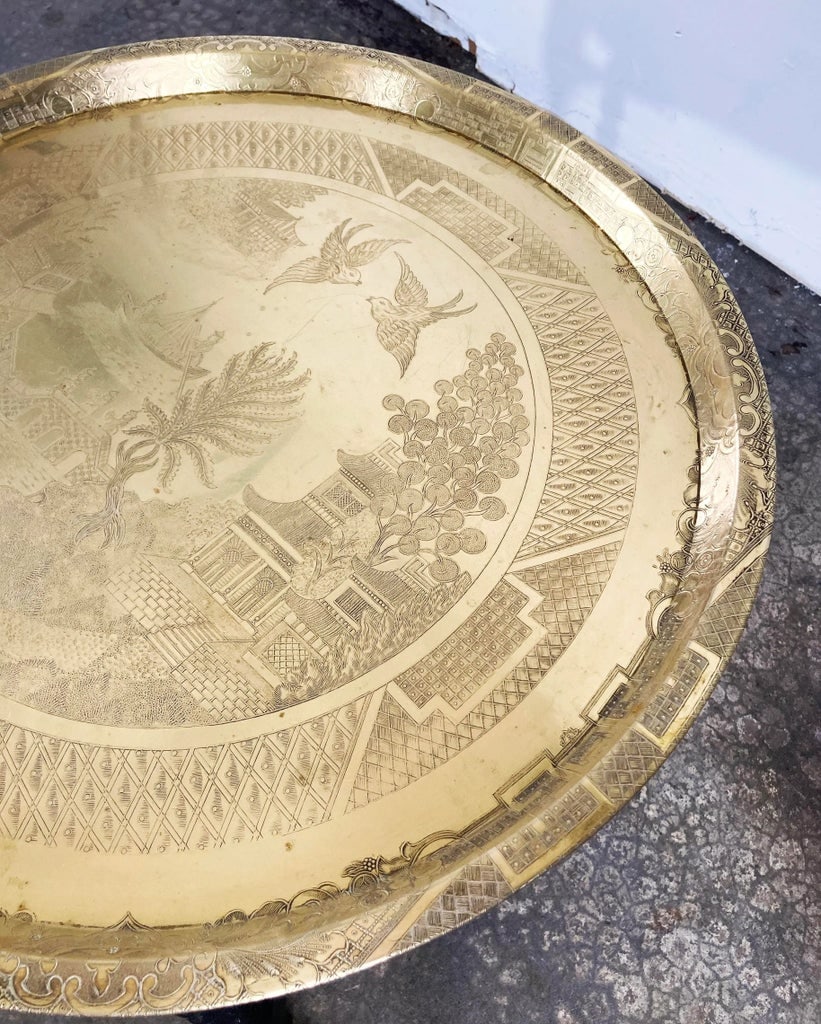 Vintage Engraved Blue Willow Pattern Brass Tray Table - 7
