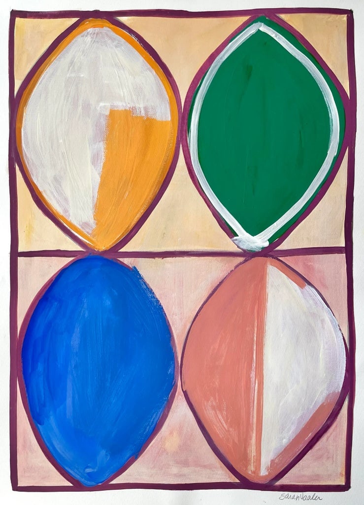 Sarah Vaaler Abstract Painting With Multicolored Shapes: This original painting by Sarah Vaaler features four lemon shaped figures with a strong color scheme of blue, green, orange, and salmon pink on a washy peach and pink background, all framed in violet