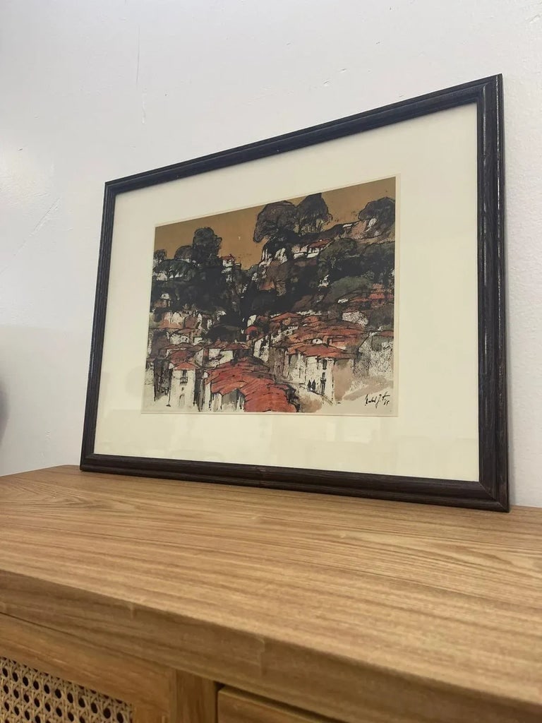 Vintage Framed and Signed Art Print "Mountain Village in Portugal" by N. G. Hartmann - 2