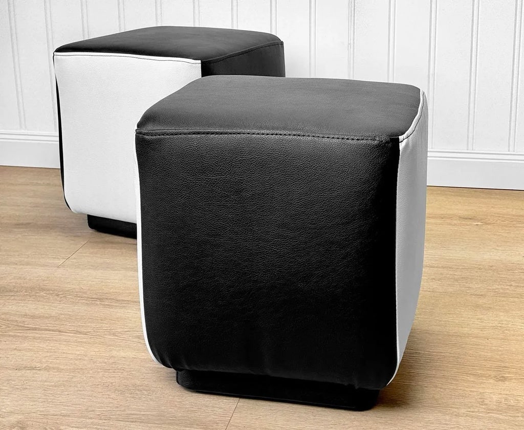 Mid-Century Retro White & Black Vinyl Cube Ottomans - a Pair - 3