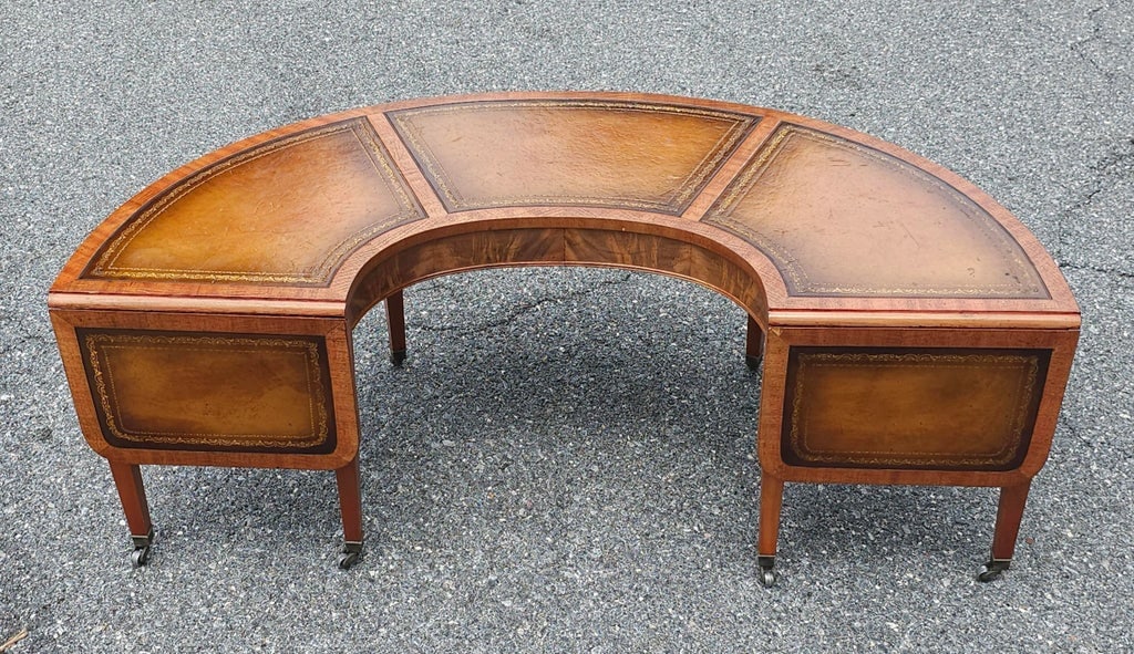 Georgian Style Tooled Leather Inset Mahogany Demilune Drop-Leaf Coffee Table - 2