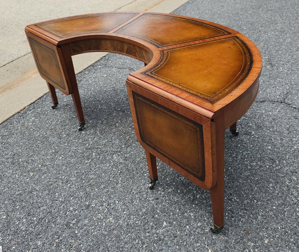 Georgian Style Tooled Leather Inset Mahogany Demilune Drop-Leaf Coffee Table - 3