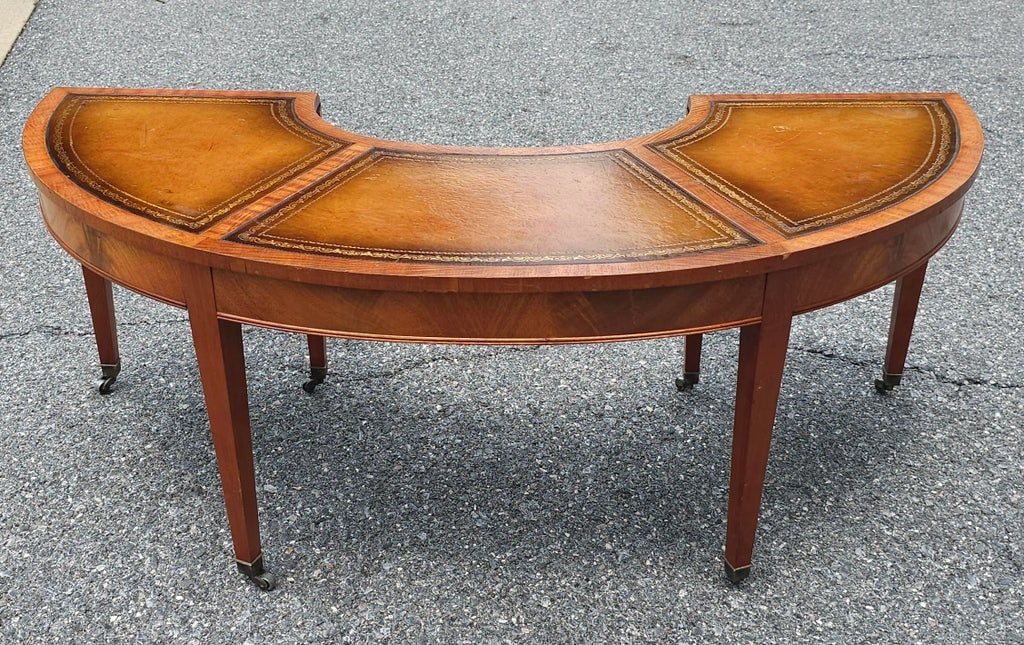 Georgian Style Tooled Leather Inset Mahogany Demilune Drop-Leaf Coffee Table - 7