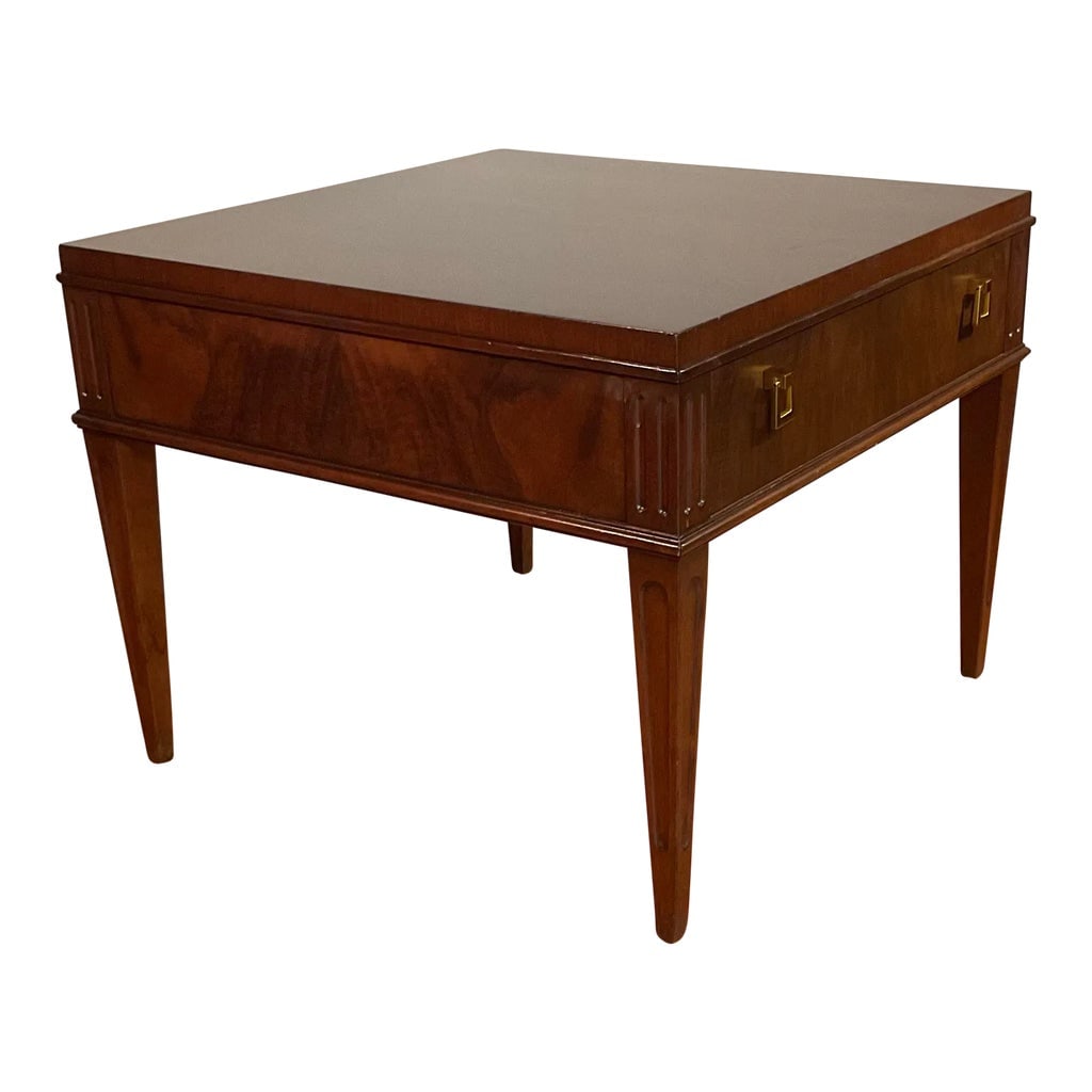 1960s Baker Furniture Mid-Century Modern Rosewood Side End Table With Drawer: Gorgeous vintage large square side/end table made by Baker Furniture Company, circa 1960's. This pieces features rosewood veneer drawer face, top and sides, single drawer with drop brass pulls and fin