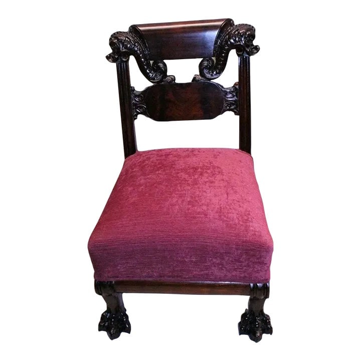 19th Century Victorian Horner Mahogany Bedroom, Boudoir Chair: Elegant Victorian horner bedroom, boudoir, accent chair, c. 19th, featuring a large padded seat, newly upholstered in red velour fabric, and a back adorned with intricately carved fish flanking the