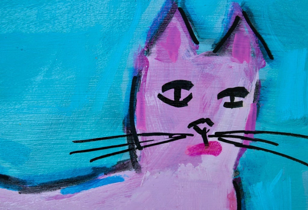 Contemporary Art, Pink Cat, Acrylic Mixed Media Painting - 4