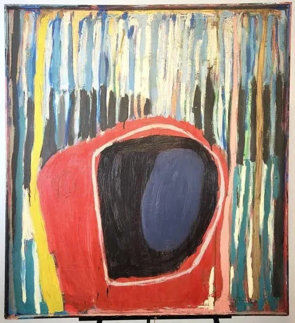 Mid 20th Century Large Framed Abstract Modernist Oil Painting: Large abstract expressionist painting in with strong lines, imposing shapes, and bold colors which include the gallery frame. Frame 40.25" x 44.5" Condition: Alterations: Original Condition Unaltered