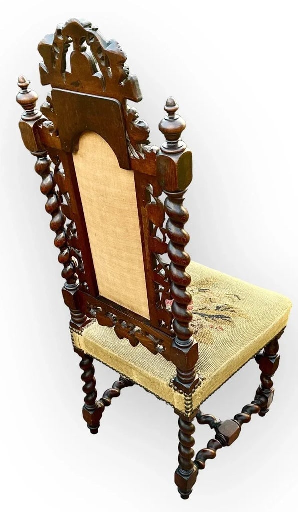 Late 19th Century Antique French Carved Walnut Side Chair With Needlepoint Upholstery - 2