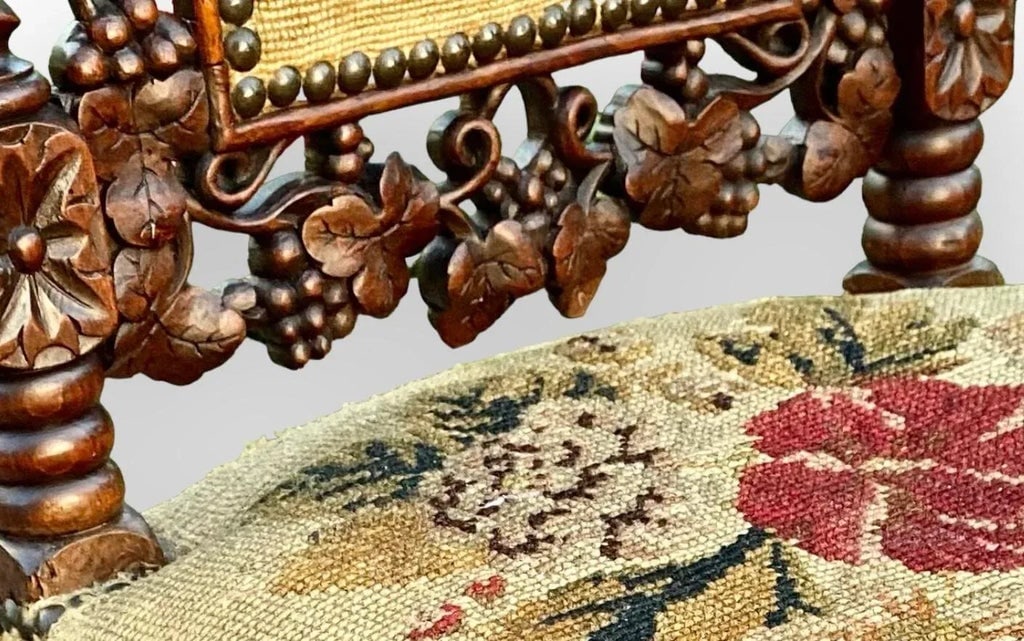 Late 19th Century Antique French Carved Walnut Side Chair With Needlepoint Upholstery - 9