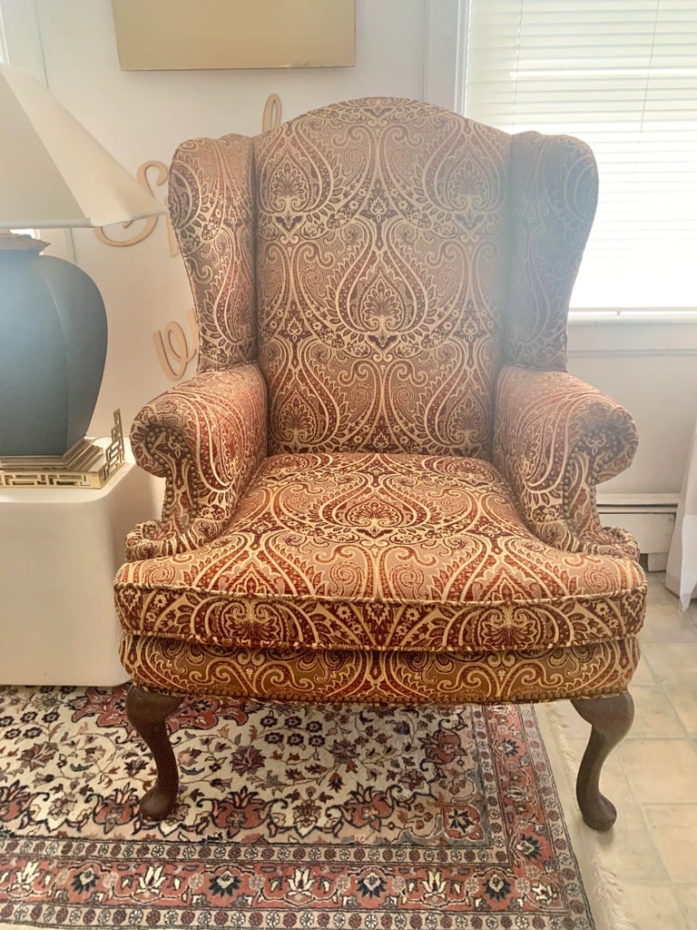 1970s Pair of Sherrill Furniture Wingback Chairs in Paisley Fabric - 4