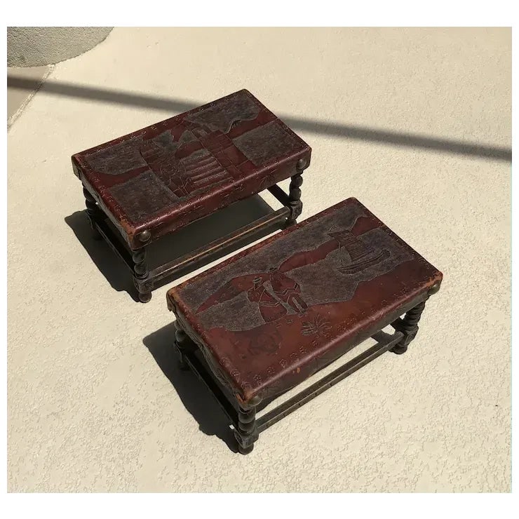 Early 20th Century Leather Top Oak Stools - a Pair - 2