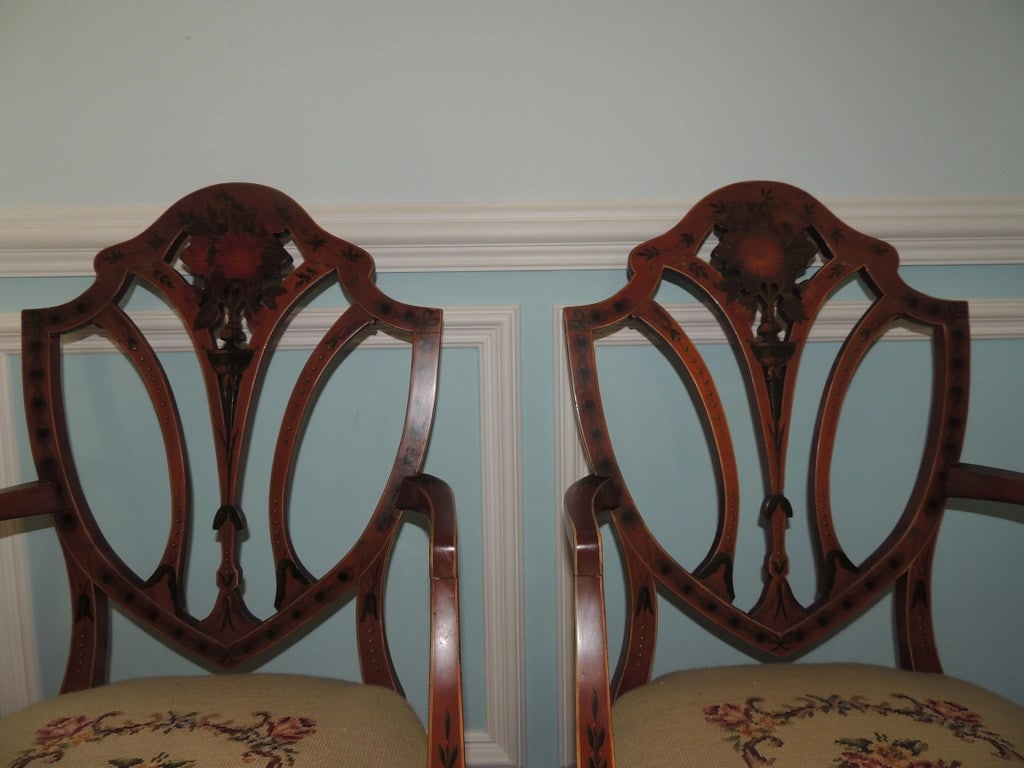 Early 20th Century Antique Adam Style Painted Shield Back Armchairs - Set of 2 - 12