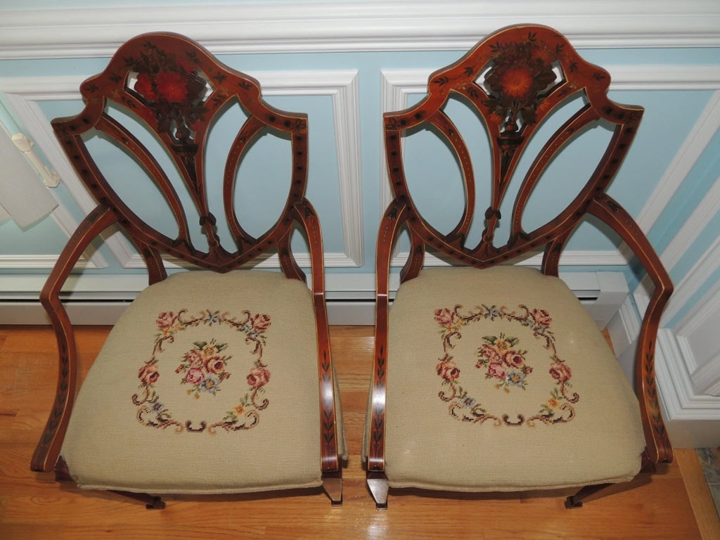 Early 20th Century Antique Adam Style Painted Shield Back Armchairs - Set of 2 - 2